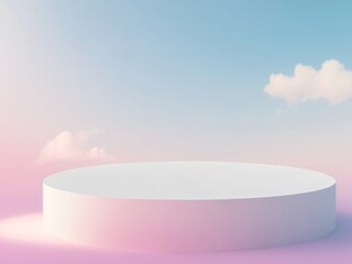 Big round white podium on dreamy pastel color background, 3d cylinder pedestal podium for show cosmetic product