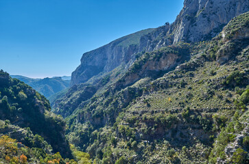 Natural scenery from the famous Ridomo gorge in Taygetus Mountain. located near Kentro Avia and Pigadia Villages in Mani area, Messenia, Greece