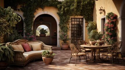 Fototapeta na wymiar Mediterranean Rustic Villa: Inspired by Mediterranean villas, with terracotta tiles, wrought iron details, and warm earthy colors 