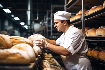 worker testing quality of bread on background