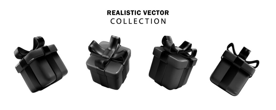 Realistic black gifts boxes set. 3d illustration Black Friday gift boxes with black bows and ribbons. Festive decorative 3d render vector object