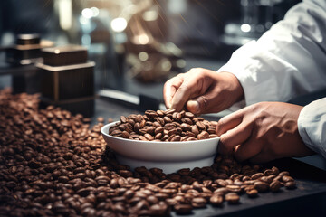 worker testing quality of coffee on background