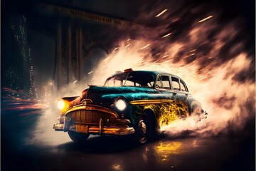 exploding new york city taxi at night under the brooklyn bridge fantasy cinematic lighting 4k color high definition 1950s era photograph hyper realistic ultra HD  - obrazy, fototapety, plakaty