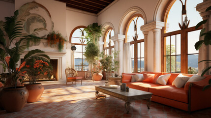 Mediterranean Villa Living Room: Inspired by Mediterranean villas, this room boasts terracotta tiles, wrought iron accents, and arched doorways