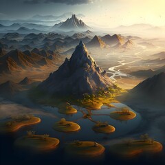 breathtaking birds eye view of the tibe mountains dawn and blooming valley buddhist monks meditate and learn zen balance and awareness ray tracing ultrarealism  - obrazy, fototapety, plakaty