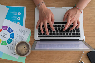 Top view of crop anonymous female freelancer with portable computer and papers analyzing data and working on remote project at desk