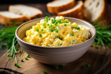 Egg salad with chopped green onions on top in a bowl.