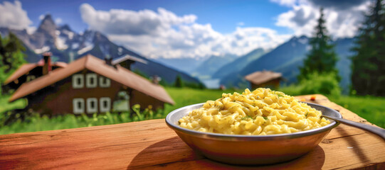 A hearty plate of German Spatzle pasta, a traditional alpine dish, served with creamy cheese sauce.