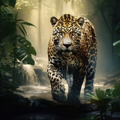 Jaguar walking in water. Panthera onca. Natural habitat