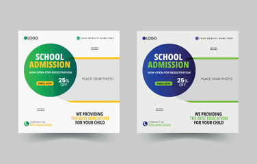 Obraz premium Set of editable School Admission social media post template, Back to school admission banner, Facebook, Instagram and twitter social media ads template, Children school admission social media post.