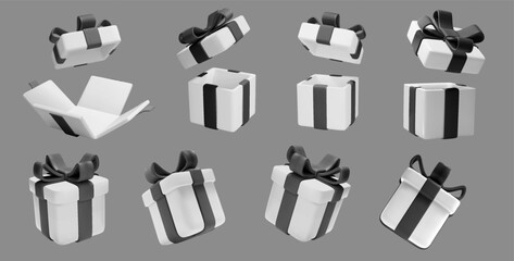White realistic 3D gift boxes featuring black bows. holiday open surprise boxes for elegance to your designs. Realistic vectors for Black Friday promotions.