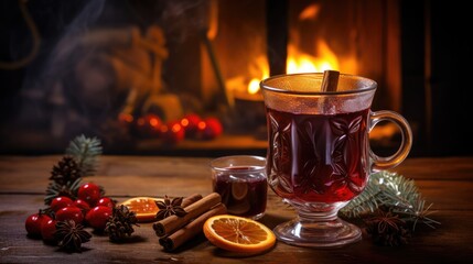 Obraz na płótnie Canvas Christmas mulled red wine with spices and fruits on a wooden rustic table. Traditional hot drink at Christmas time.