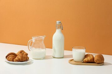 Breakfast tasty food concept - milk with bakery products