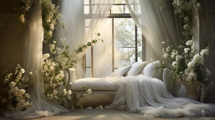 Midsummer Night's Dream: Ethereal white curtains drape over sheer windows. A gauzy canopy bed, diaphanous textiles, and soft cushions create a dreamy atmosphere - obrazy, fototapety, plakaty
