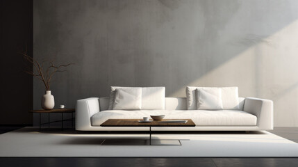 Fototapeta na wymiar Minimalist Elegance: A sleek white sofa is positioned against a dark accent wall. In front, there's a minimalist coffee table made of glass and metal