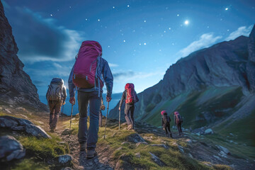 Obraz premium Stargazing in the wilderness: A landscape filled with wonder as an adventurer combines outdoor sports, and astronomy on a bright night.