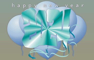 Happy New Year 2024 greeting card blue ribbon with baloons