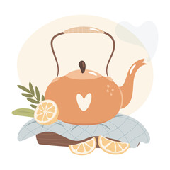 Good morning. Tea pot and lemons. Cozy morning breakfast concept.
