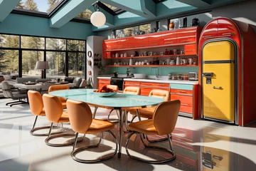 Gordijnen Interior of spacious pop art inspired light kitchen with pop art furniture and pop art portrait in light apartment © Tjeerd