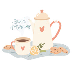 Good morning. Tea pot and lemons. Cozy morning breakfast concept.