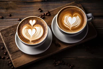 Crédence de cuisine en verre imprimé Café Two cups of cappuccino, patterned on the foam. love, relationship, couple
