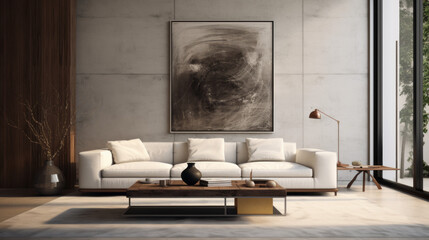 Minimalist Elegance: This living room features a sleek white sofa positioned against a dark accent wall. A minimalist coffee table made of glass and metal sits in front. A large abstract painting hang