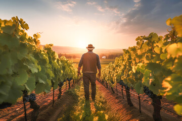 A dedicated farmer tends to the lush vineyard as the summer sun sets over the picturesque countryside.
