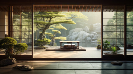 Minimalist Japanese Zen Retreat: An oasis of tranquility with Japanese-inspired decor, tatami mats, shoji screens, and an ambiance that promotes inner peace - obrazy, fototapety, plakaty