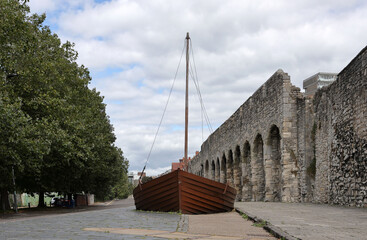 A replica of a fourteenth century vessel at Southampton town walls. The clinker or medieval cargo...