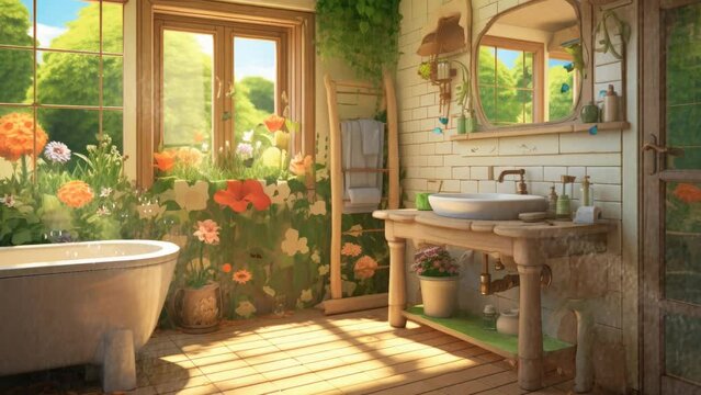 interior of a bathroom with a shower in summer season. animated background in Japanese anime  illustration style. seamless looping video animated background