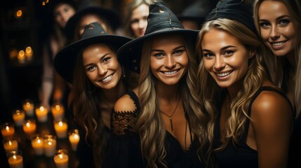 Halloween party. Beautiful young woman witch in black lingerie and witch hat at Halloween party

