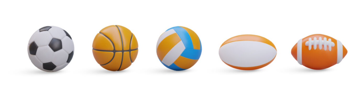 Set of realistic sports balls. Round and oval accessories for team play. Ball for soccer, basketball, volleyball, rugby, American football. Isolated vector icons