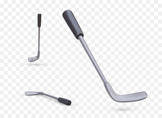 Realistic golf club. Metal sports stick for playing with ball. Isolated images with reflections and shadows. Club in different positions. Modern vector icons
