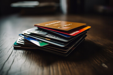 A stack of credit cards is placed next to a printed bank statement, both on a wooden table, illustrating personal finance - obrazy, fototapety, plakaty