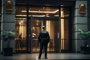 A vigilant security guard stands by the entrance of a bank, ensuring safety for both customers and...