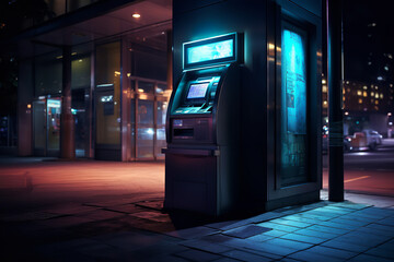 An ATM machine is seen dispensing cash under a dim streetlight, emphasizing the 24/7 access to banking services