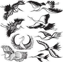 鶴　セット　墨絵の年賀状素材