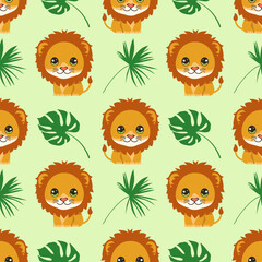 Obraz premium seamless pattern with lion and tropical leaves