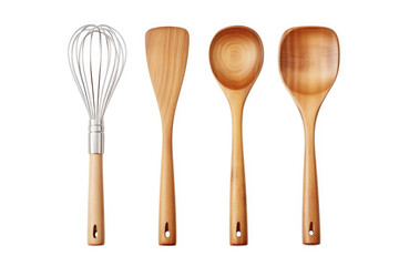 Wooden and metal kitchen utensils neatly arranged on a white background, essential tools for cooking, baking, and preparing delicious meals at home.