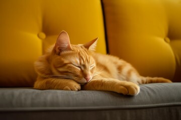 Cat sleep yellow sofa soft. Generate Ai