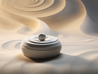 Spiral in a Zen Garden, Resting on Sand, Embodies the Essence of Zen and Meditation, Eliciting Peace, Balance, and Spiritual Harmony