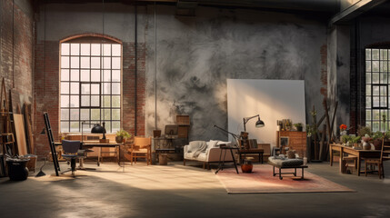 Modern Industrial Art Studio: A spacious and industrial-inspired studio, with exposed brick walls, concrete floors, and ample natural light for creativity