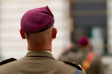 Vista de un oficial con boina en un desfile militar.