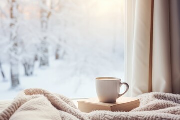 Obraz na płótnie Canvas Cozy photo. A cup of coffee, a blanket by the window, winter