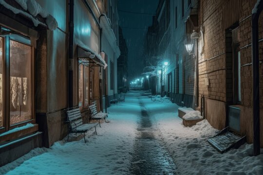 Winter snow city street. Generate Ai