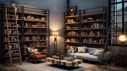 Modern Industrial Book Nook: An industrial-style room with floor-to-ceiling bookshelves, a rolling ladder, and cozy reading corners