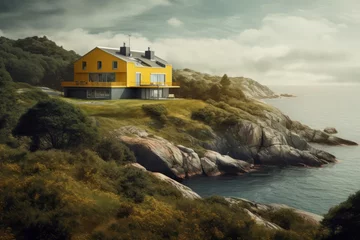 Fotobehang Yellow house fjord. Generate Ai © nsit0108