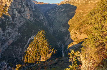 Natural scenery from the famous Ridomo gorge in Taygetus Mountain. located near Kentro Avia and Pigadia Villages in Mani area, Messenia, Greece