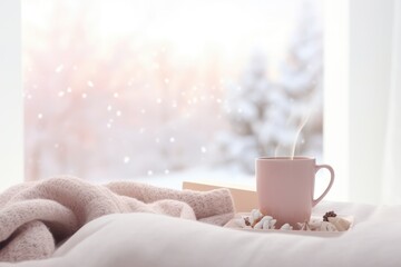 Cozy photo. A cup of coffee, a blanket by the window, winter