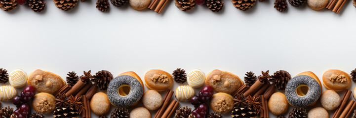Seamless. A customizable banner featuring Christmas desserts against a white background, creating a sweet and festive atmosphere for your content. Photorealistic illustration